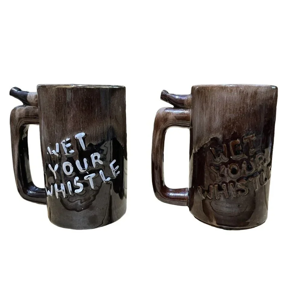 2 Vintage Whistle for Your‎ Beer Mug Wet Your Whistle  Art Pottery Nice